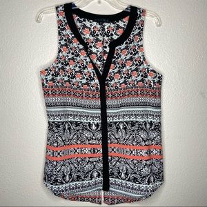 SANCTUARY Black & White Coral Floral career Top